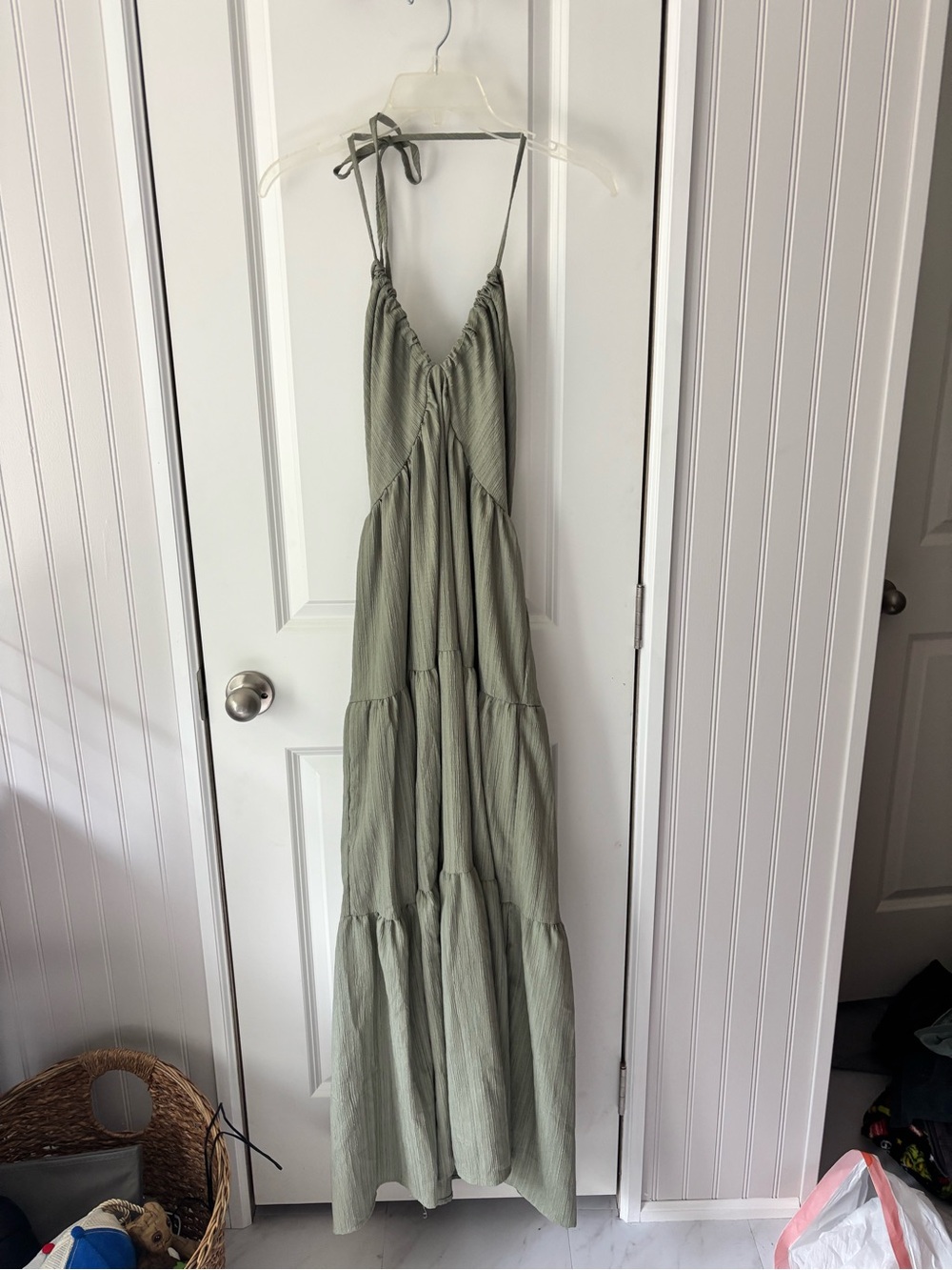 Amazon Light Sage Tiered Tie-Shoulder Maxi Dress